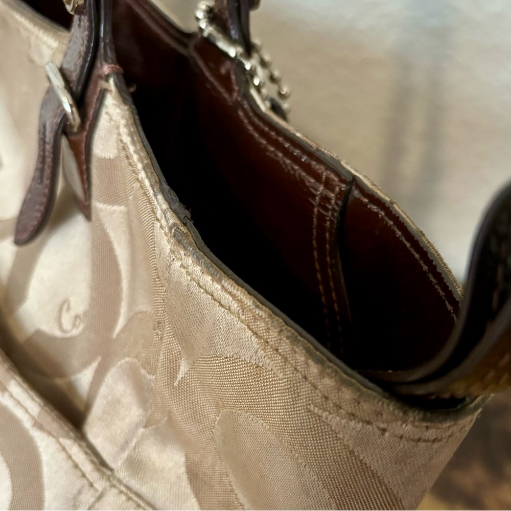 Coach Canvas Leather Tote Madison Tribeca Op Art Small Gold Tan Brown Pink Satin - Picture 13 of 15
